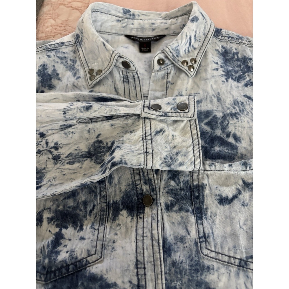 Rock And Republic Small‎ Blue Long Sleeve Denim Acid  Studded Snap Shirt Tye Dye